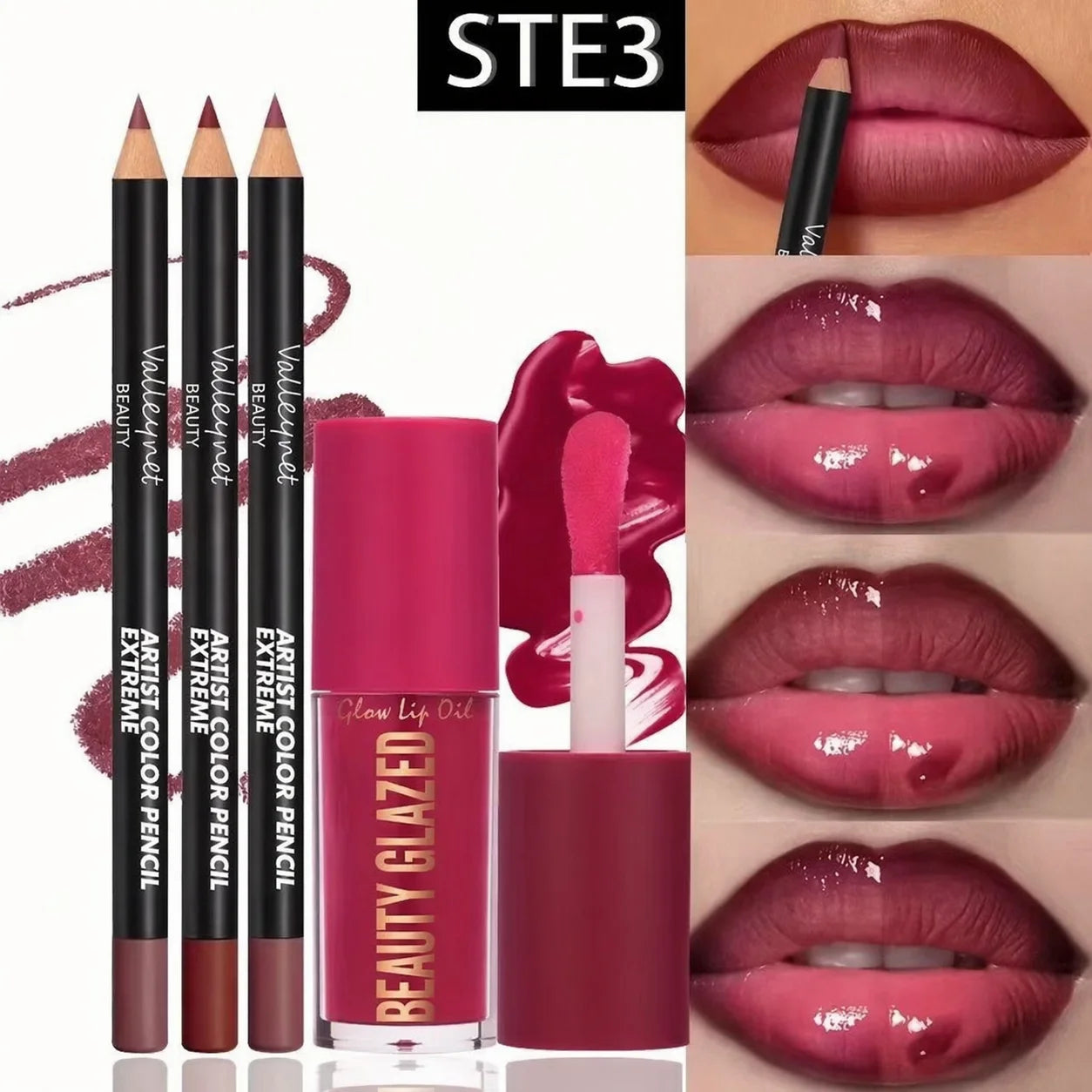 4-Piece Waterproof Lip Kit with 3 Lip Liners & Long-Lasting Lip Glaze