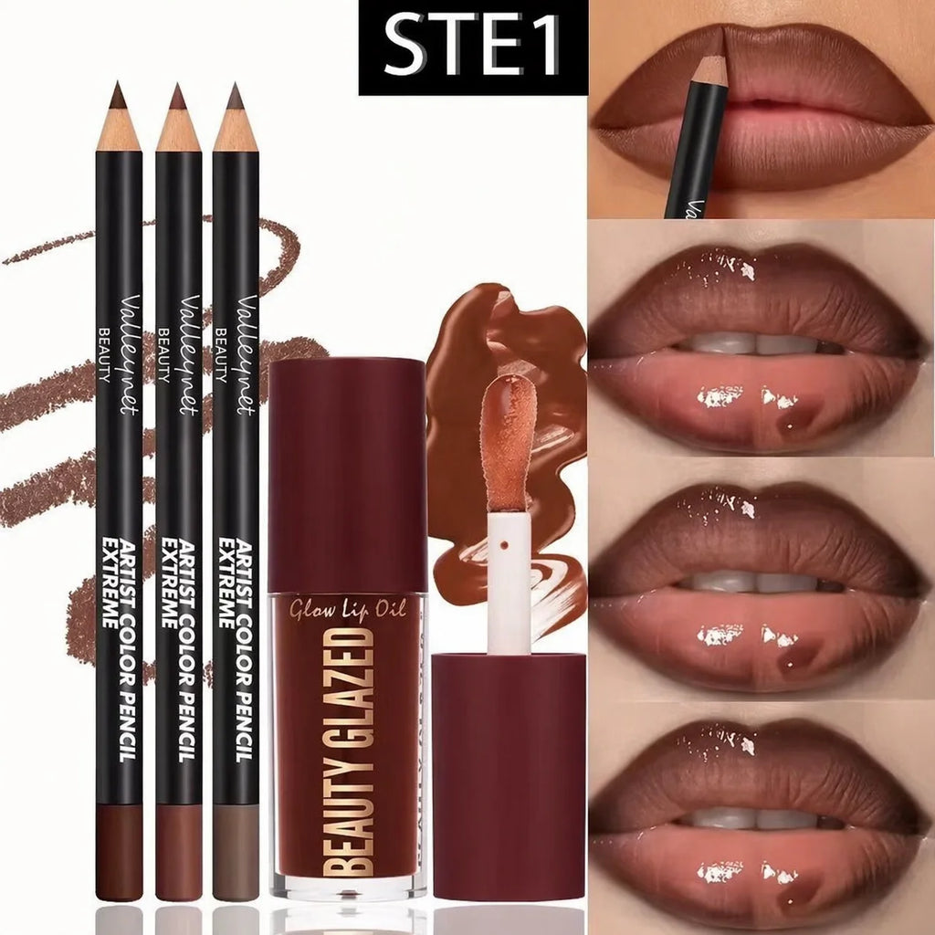 4-Piece Waterproof Lip Kit with 3 Lip Liners & Long-Lasting Lip Glaze