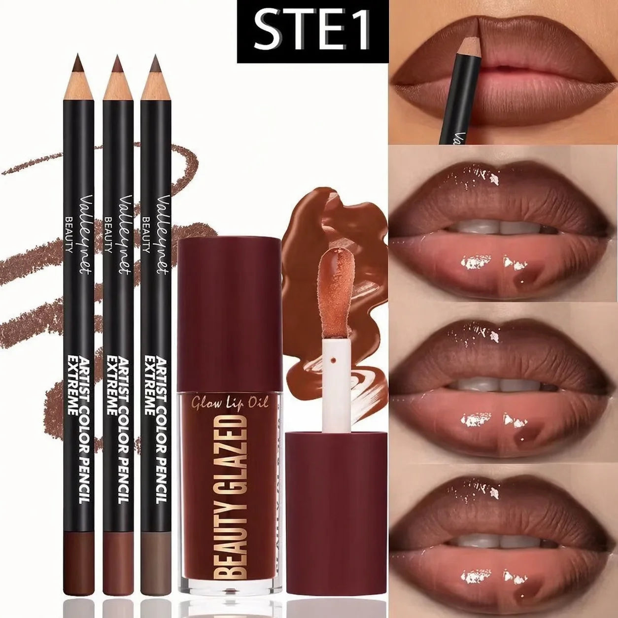 4-Piece Waterproof Lip Kit with 3 Lip Liners & Long-Lasting Lip Glaze