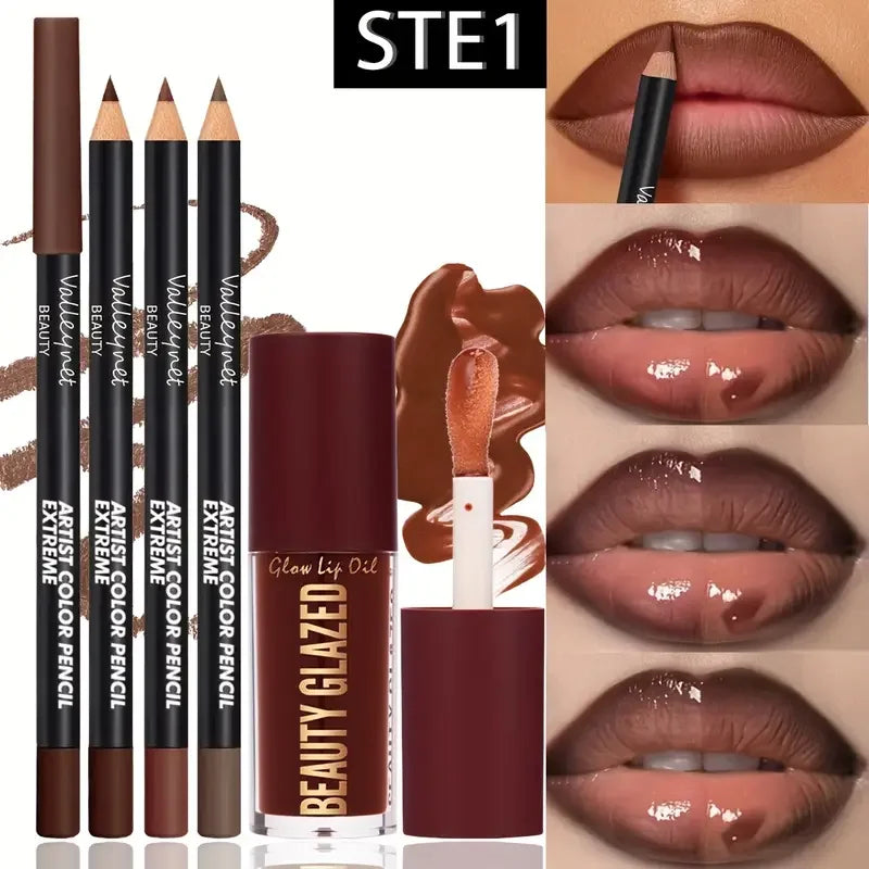4-Piece Waterproof Lip Kit with 3 Lip Liners & Long-Lasting Lip Glaze
