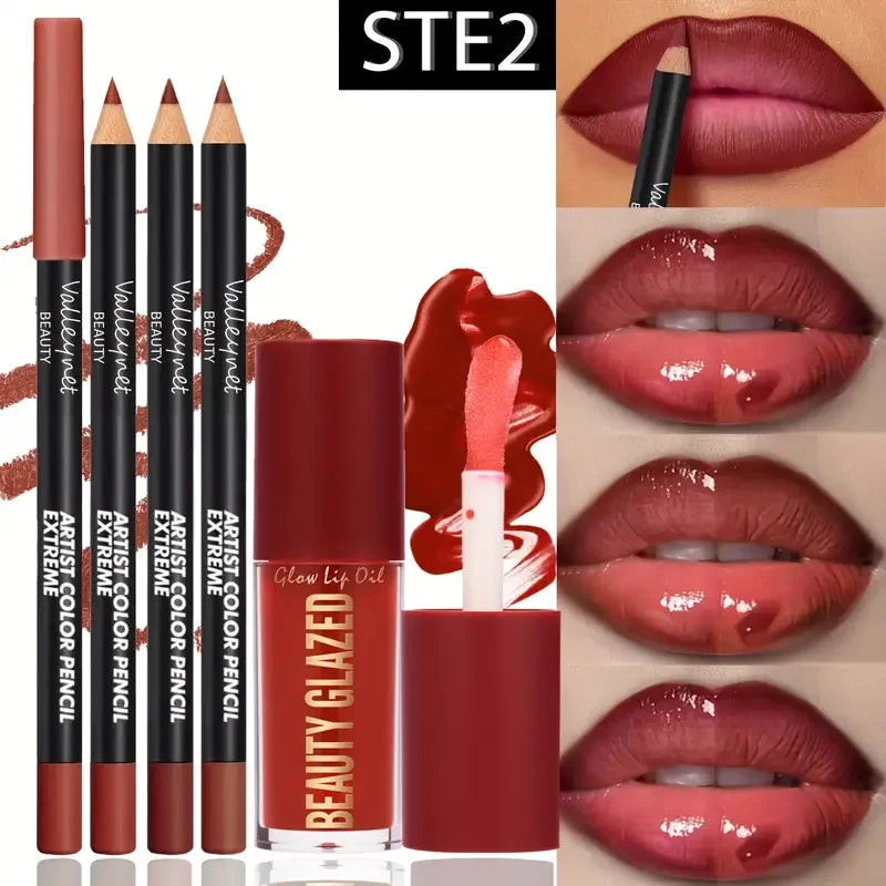 4-Piece Waterproof Lip Kit with 3 Lip Liners & Long-Lasting Lip Glaze