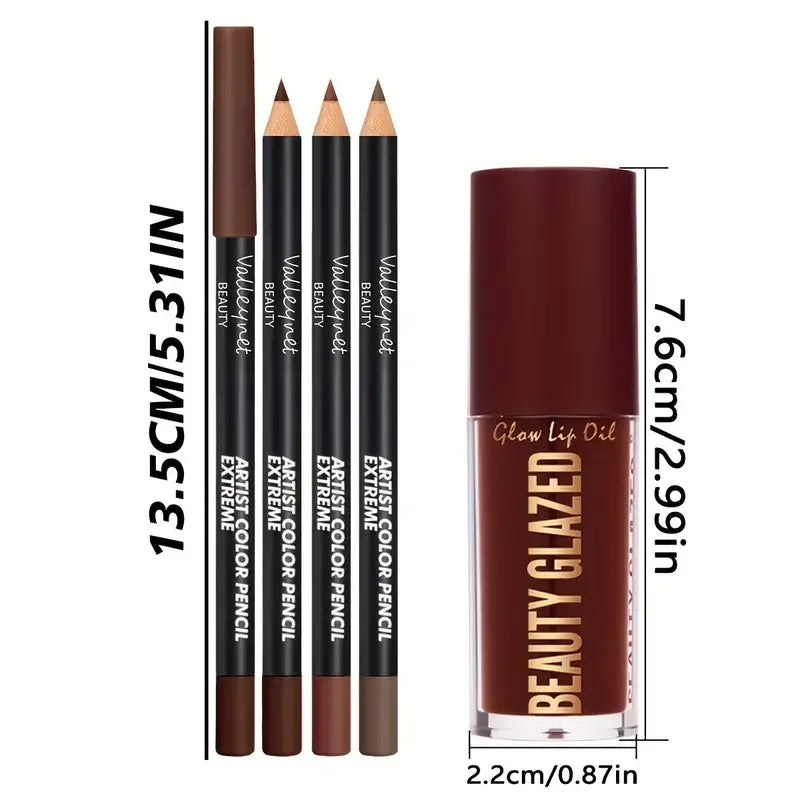 4-Piece Waterproof Lip Kit with 3 Lip Liners & Long-Lasting Lip Glaze