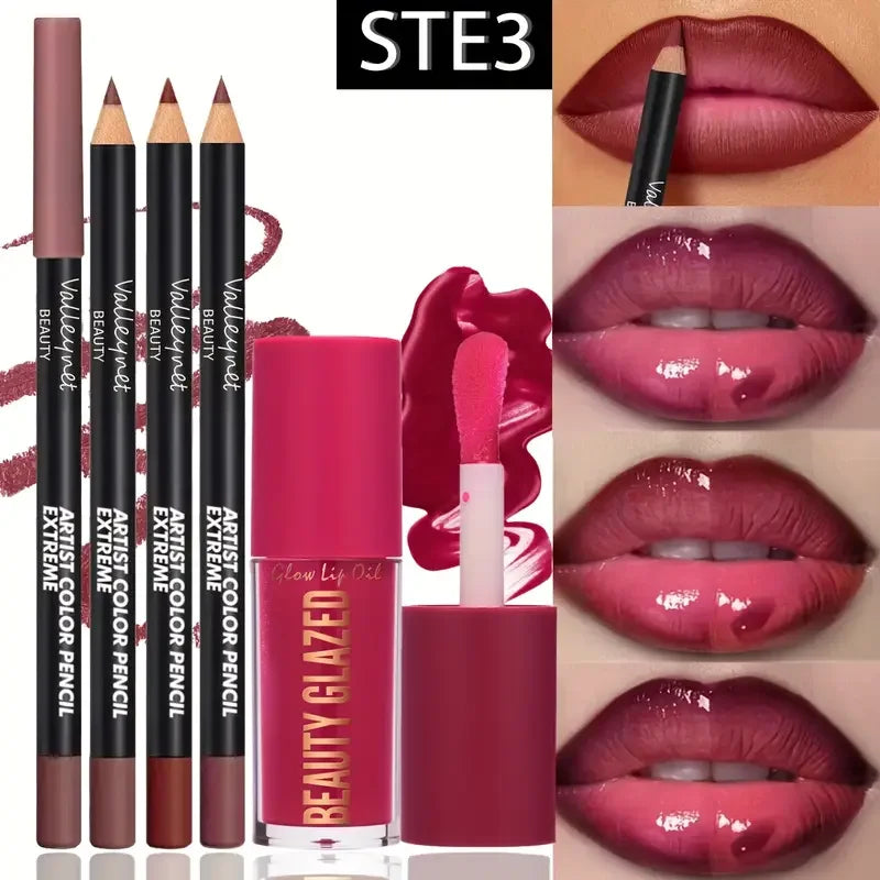 4-Piece Waterproof Lip Kit with 3 Lip Liners & Long-Lasting Lip Glaze