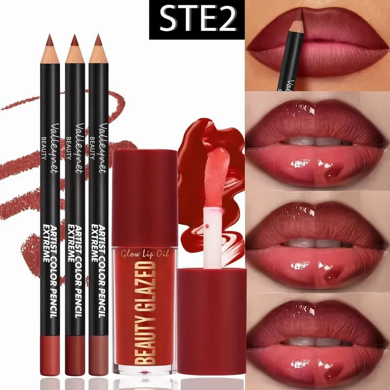 4-Piece Waterproof Lip Kit with 3 Lip Liners & Long-Lasting Lip Glaze